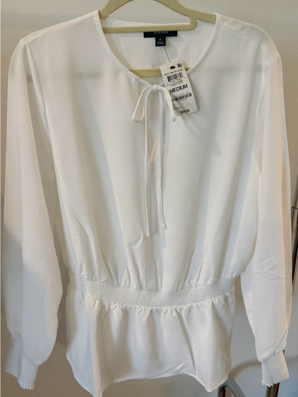 Alfani White Tie-Neck Long Sleeve Peplum Blouse
